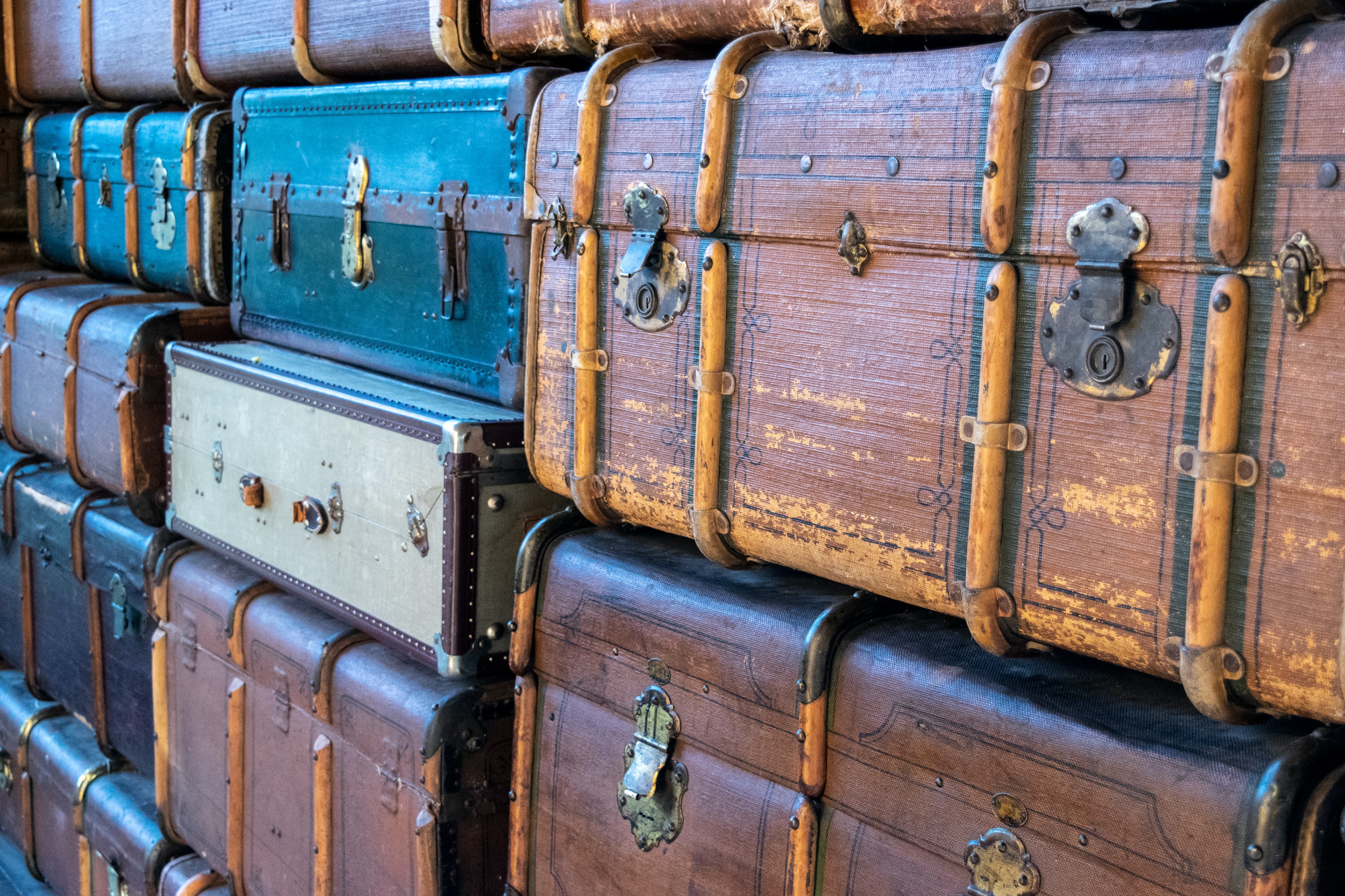 Old-fashioned trunks stacked on top of each other